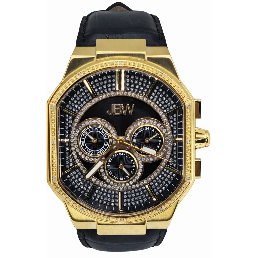 JBW J6342E Mens Gold Tone Chronograph Diamond Bezel Black Leather Watch 44mm